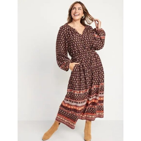 Old Navy Dress Poet Midi Long Sleeve Cinch Waist V Neck NWT - Picture 1 of 12